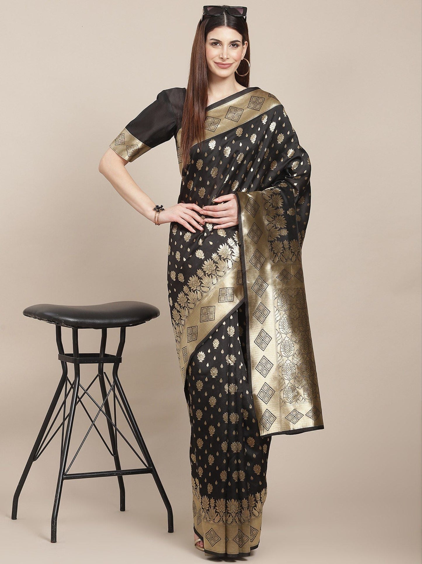 KSUT (House of Varanga) Black Zari Woven Banarasi Silk Saree With Blouse Piece