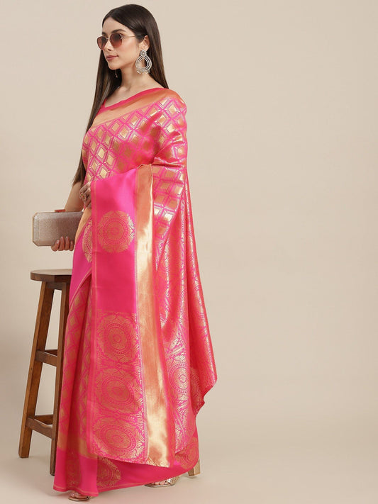 KSUT (House of Varanga) Gold & Pink Banarasi Silk Saree With Blouse Piece