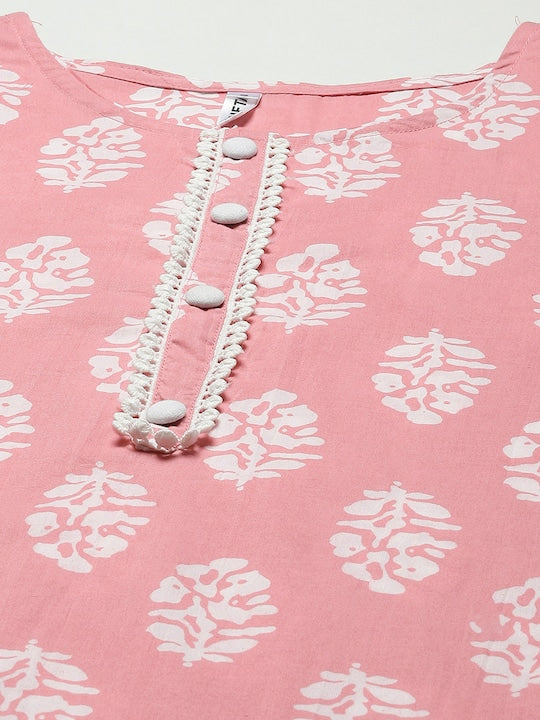 Yufta Women Pink Ethnic Motifs Printed Pure Cotton Kurta with Trousers & Dupatta