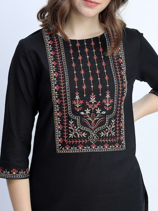 Vishudh Women Black & Red Embroidered Yoke Design Cotton Straight Kurta