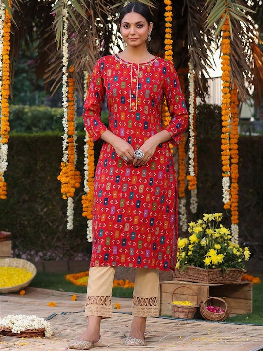 Scakhi Women Red Printed Straight Kurta - L