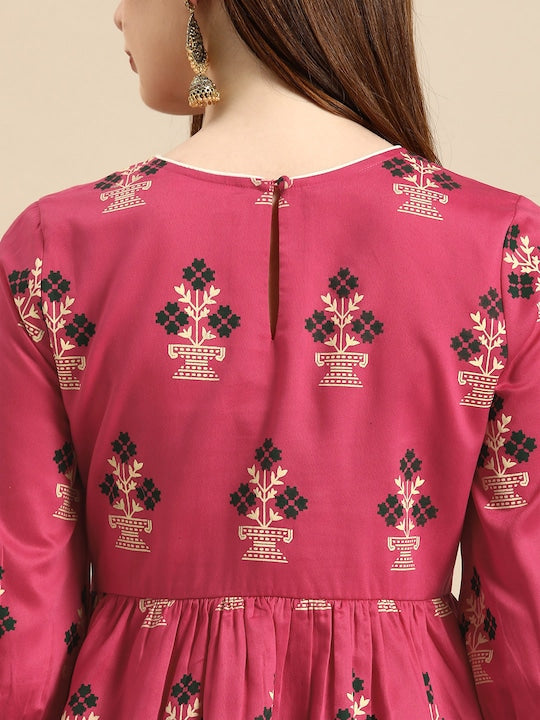 All about you Pink & Green Floral Printed Puff Sleeves Gathered A-Line Midi Dress