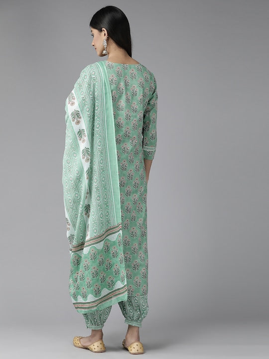 Yufta Women Floral Printed Gotta Patti Pure Cotton Kurta With Harem Pants & With Dupatta