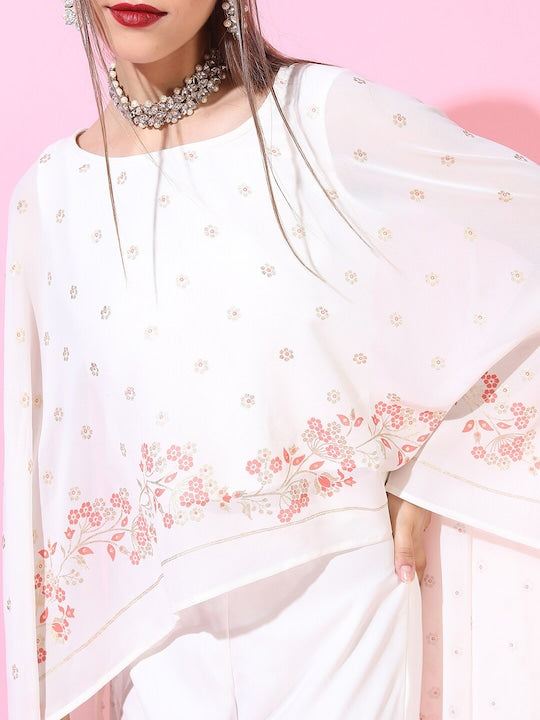 Vishudh Women Off-White Floral Polyester Top with Flared Palazzo
