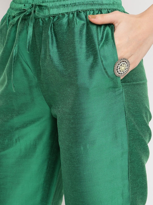 IMARA Floral Printed Mandarin Collar Sequined A-Line Kurta with Trousers