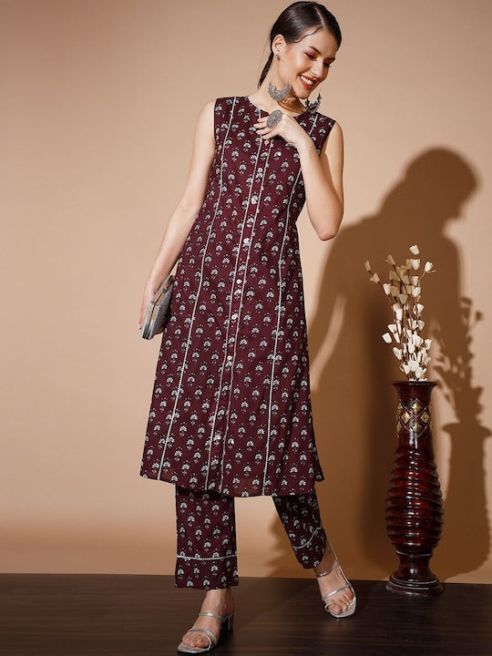 Myshka Ethnic Printed Regular Gotta Patti Pure Cotton Kurta With Trousers
