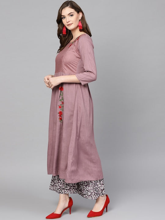 Yufta Women Mauve & Black Embroidered Kurta with Palazzos