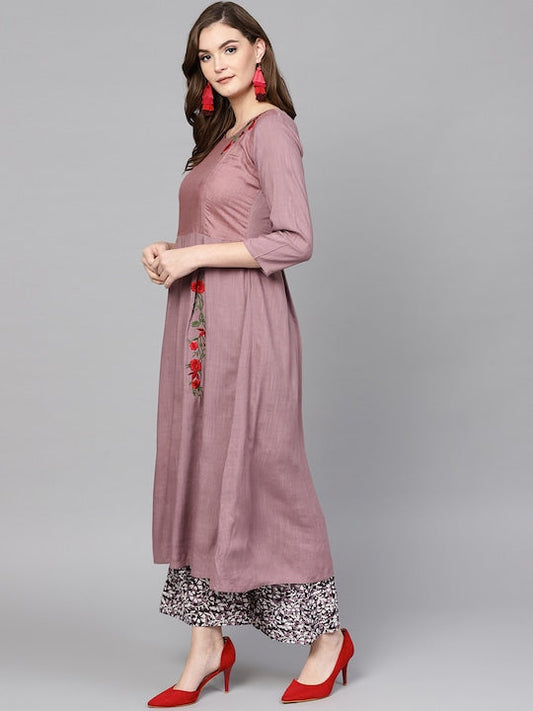 Yufta Women Mauve & Black Embroidered Kurta with Palazzos