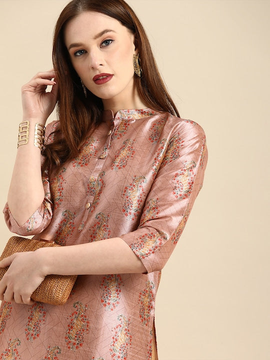All about you Women Pink Paisley Print Mandarin Collar Pastels Chanderi Silk Blend Kurta
