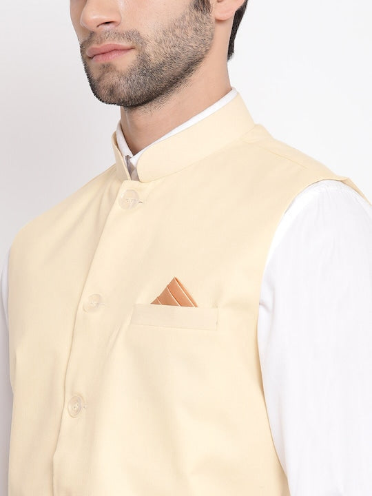 Vastramay Men Cream Coloured Solid Slim-Fit Woven Nehru Jacket