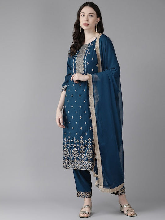 Yufta Ethnic Motifs Embroidered Regular Sequinned Kurta With Trousers & Dupatta