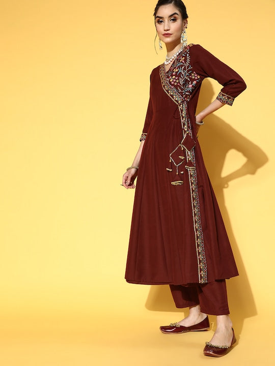 Yufta Women Brown Floral YokeDesign Embroidered Angrakha Kurta Set & Digital Print Dupatta
