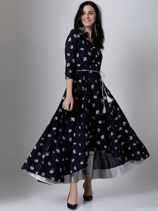 Vishudh Women Navy Blue & Silver-Toned Printed Anarkali Kurta