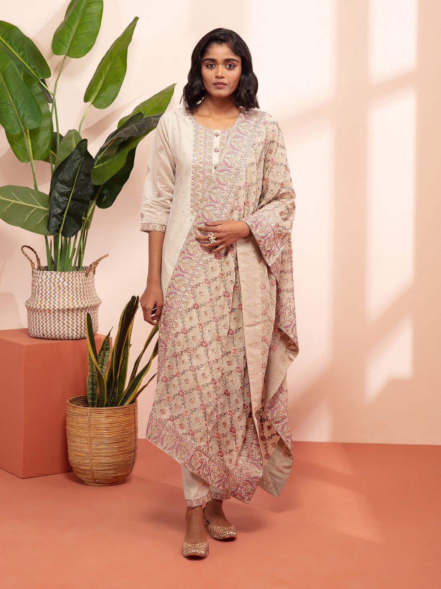 Likha Shaan e-Avadh Beige Sequins work Kurta, Pant & Dupatta LIKSKD119 (Set of 3) - L