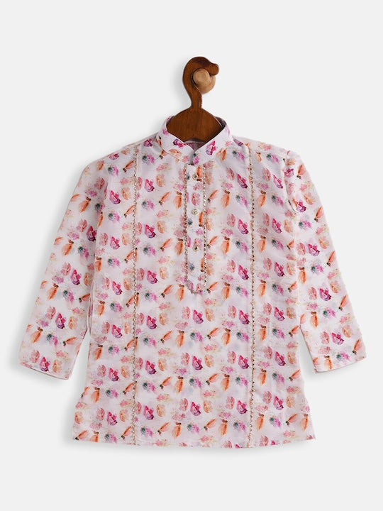 Vastramay Sishu Boys White & Pink Quirky Printed Regular Kurta