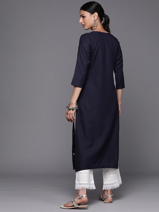 Varanga Women Floral Embroidered Thread Work Indigo Kurta