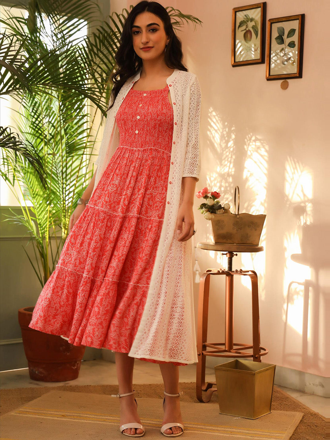 ScakhiI Women Red Floral Printed Dress with Cotton Net Jacket