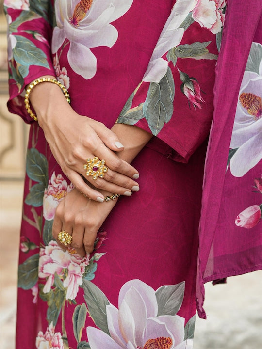 Scakhi Floral Printed Silk Crepe Kurta with Trousers & Dupatta