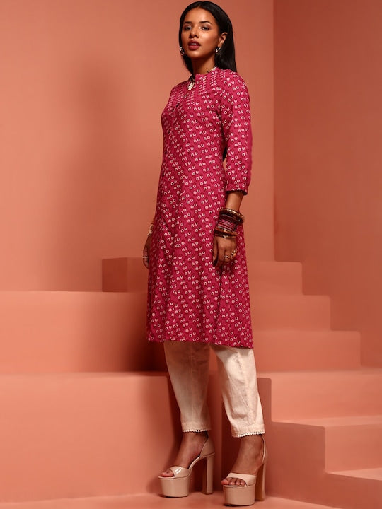 IMARA Floral Printed Mandarin Collar A-Line Kurta