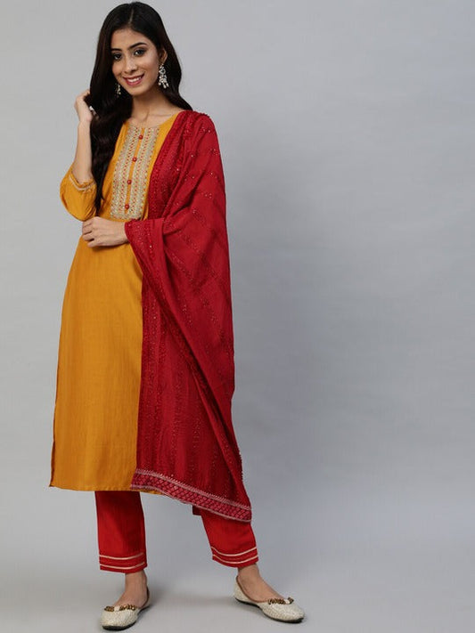 Anubhutee Women Yellow Layered Thread Work Pure Cotton Kurta with Trousers & With Dupatta