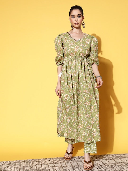 Yufta Women Floral Printed Gotta Patti Pure Cotton Kurta with Trousers