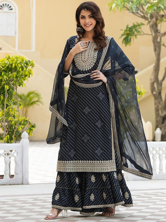 Scakhi Ethnic Motifs Printed Zari Kurta with Sharara & Dupatta