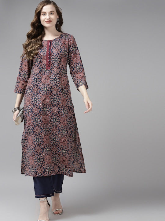Yufta Women Blue Ethnic Motifs Printed Pure Cotton Kurta with Trousers