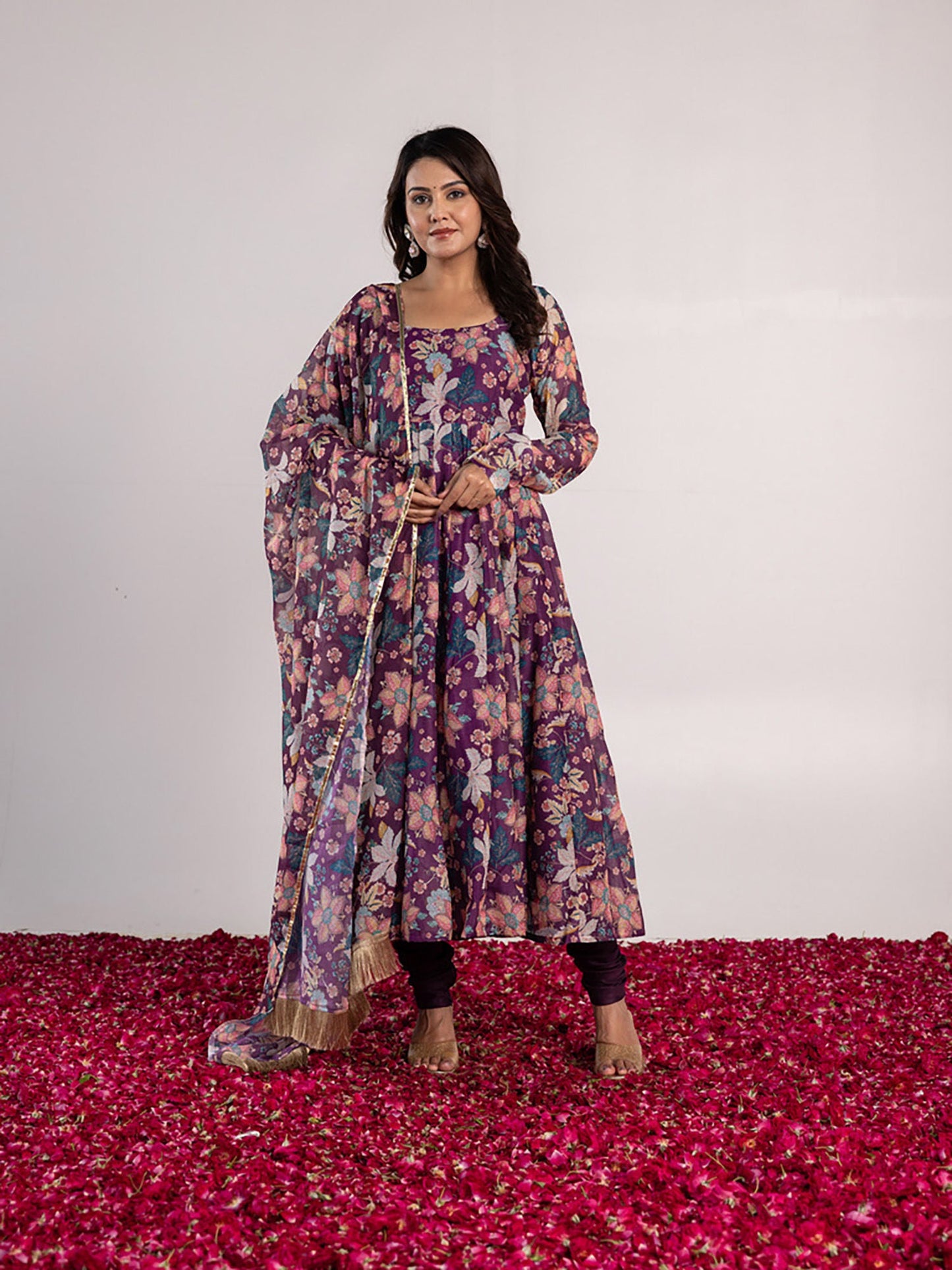 ONEWE INDIA Nitya Anarkali Kurta with Churidar & Dupatta (Set of 3)