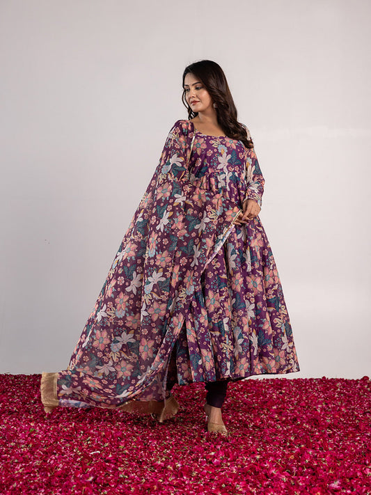 ONEWE INDIA Nitya Anarkali Kurta with Churidar & Dupatta (Set of 3)