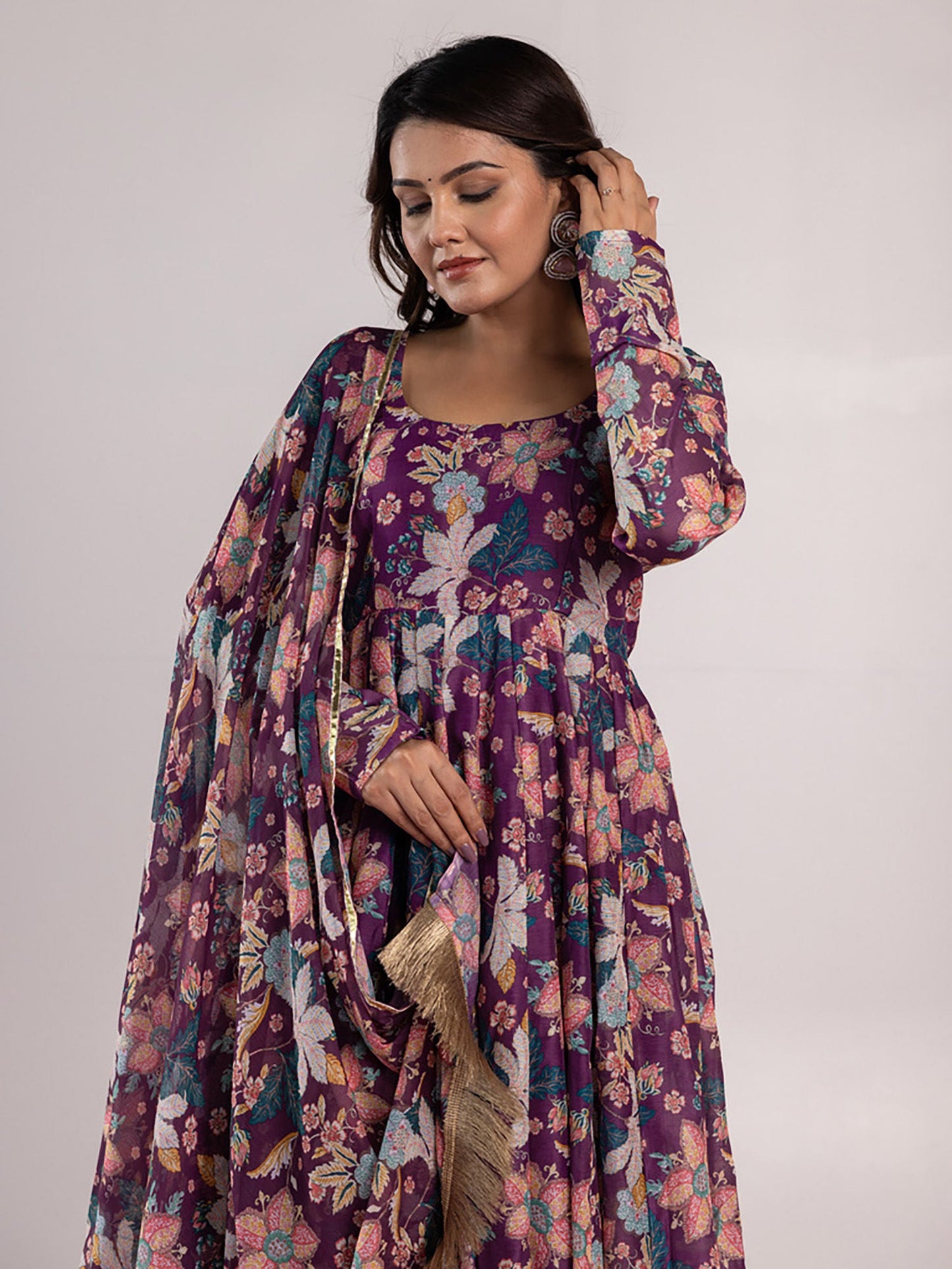 ONEWE INDIA Nitya Anarkali Kurta with Churidar & Dupatta (Set of 3)