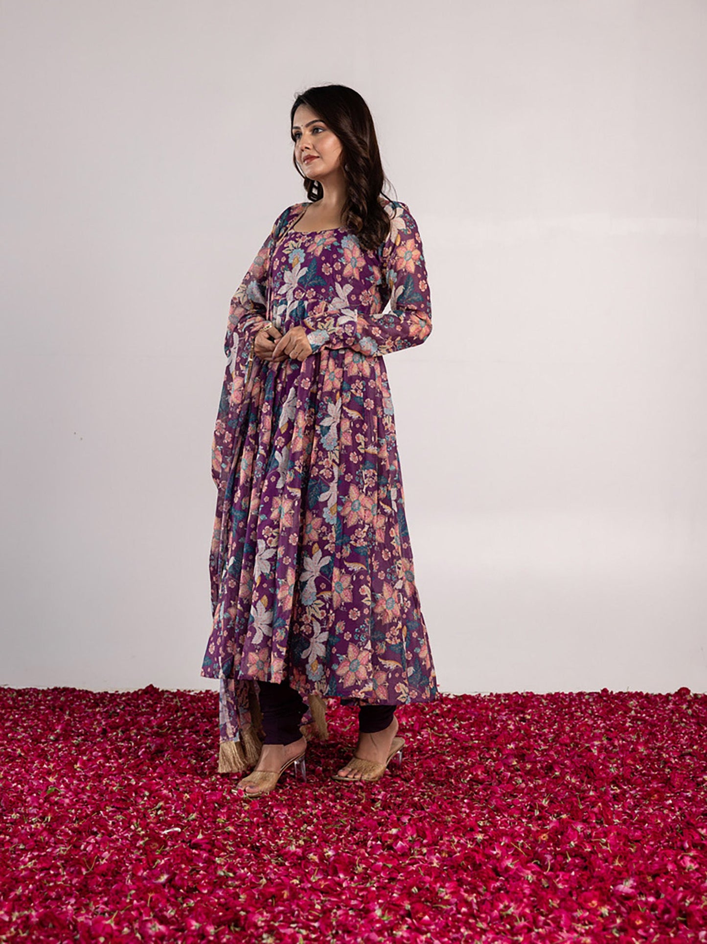 ONEWE INDIA Nitya Anarkali Kurta with Churidar & Dupatta (Set of 3)