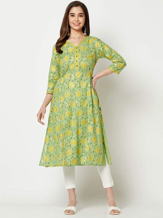 IMARA Floral Printed V Neck A-Line Pure Cotton Kurta