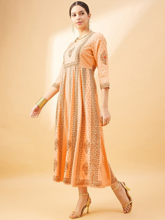 All about you Peach Coloured Ethnic Motifs Printed Round Neck Empire Cotton Midi Dress