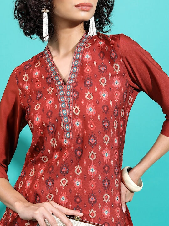 Vishudh Rust Ethnic Motif Printed Straight Kurta