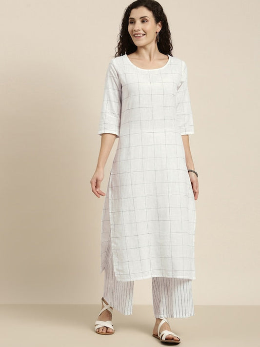 Vishudh Women Off-White & Black Checked Straight Kurta With Striped Palazzos