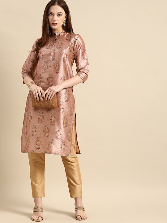 All about you Women Pink Paisley Print Mandarin Collar Pastels Chanderi Silk Blend Kurta