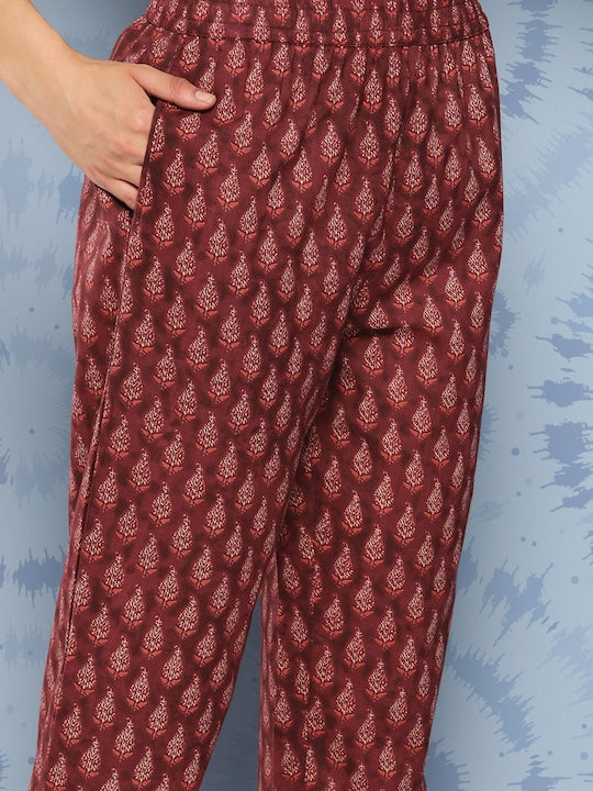 Yufta Floral Printed Regular Aari Work Pure Cotton Kurta with Trousers & Dupatta