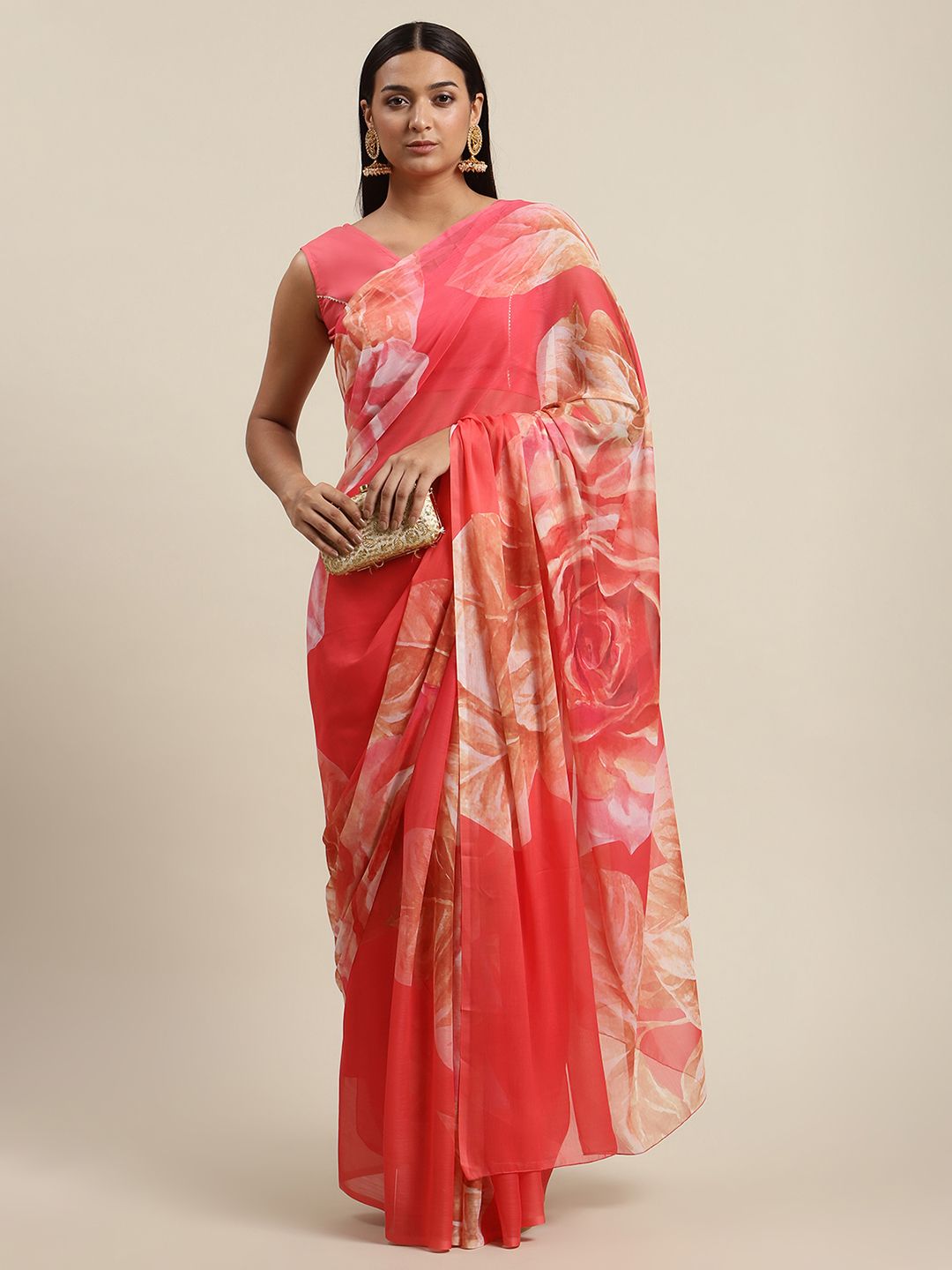 Ahalyaa Women's Pink Colour Chiffon Digital Print Floral Saree