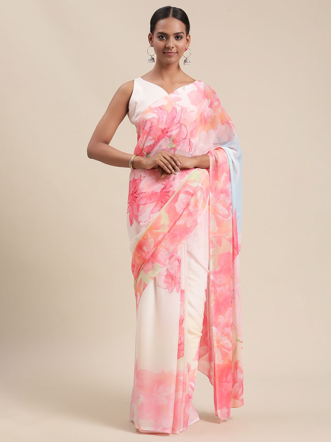 Ahalyaa Women's Light Pink Colour Chiffon Digital Print Floral Saree