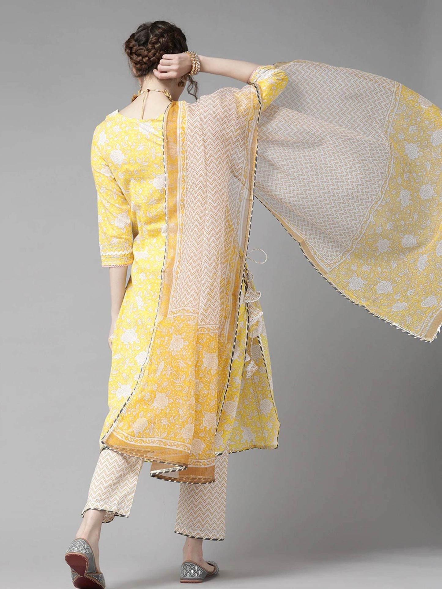 ISHIN Women's Yellow & Off White Embroidered A-Line Kurta, Trouser & Dupatta (Set of 3)