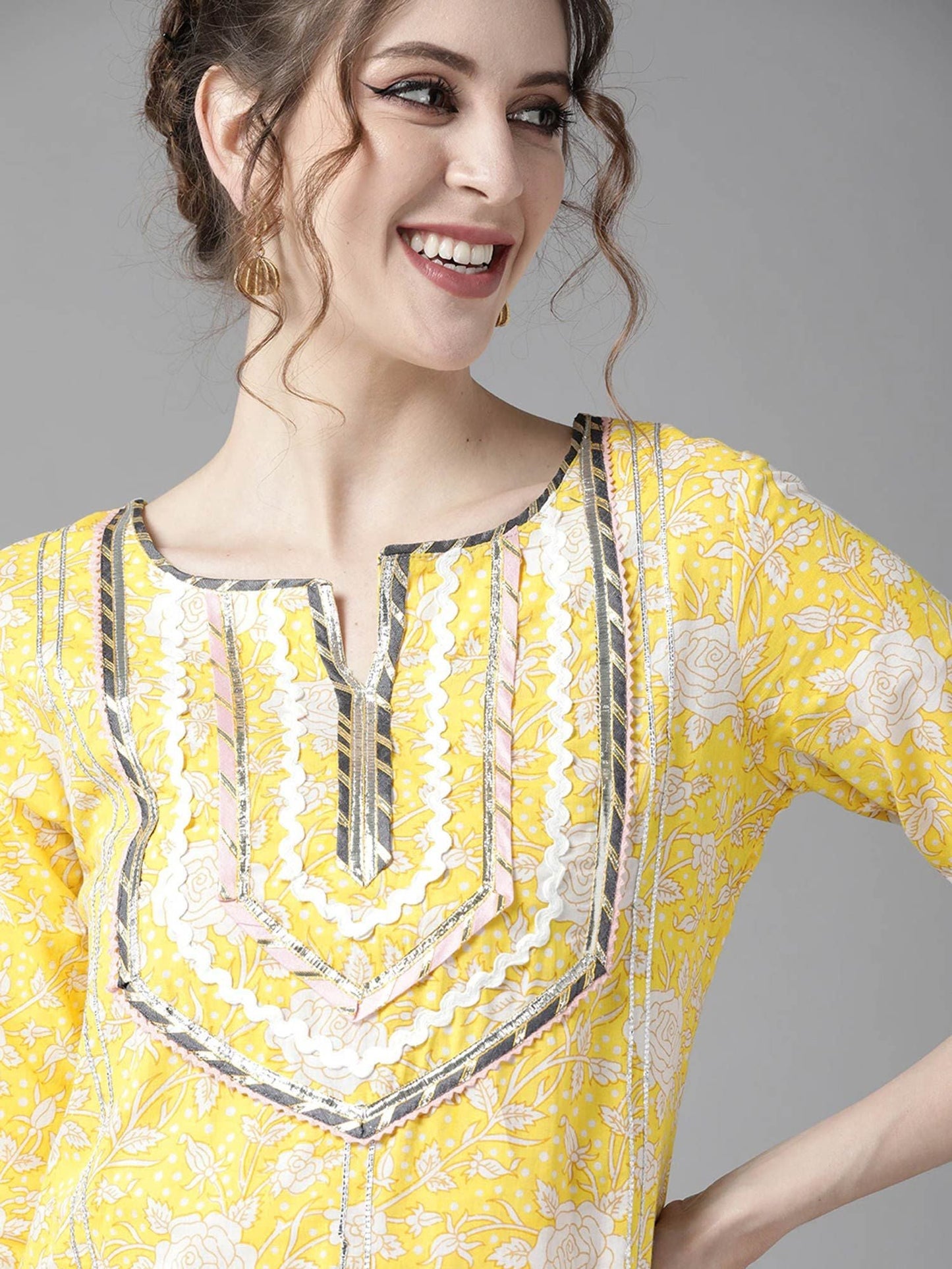 ISHIN Women's Yellow & Off White Embroidered A-Line Kurta, Trouser & Dupatta (Set of 3)