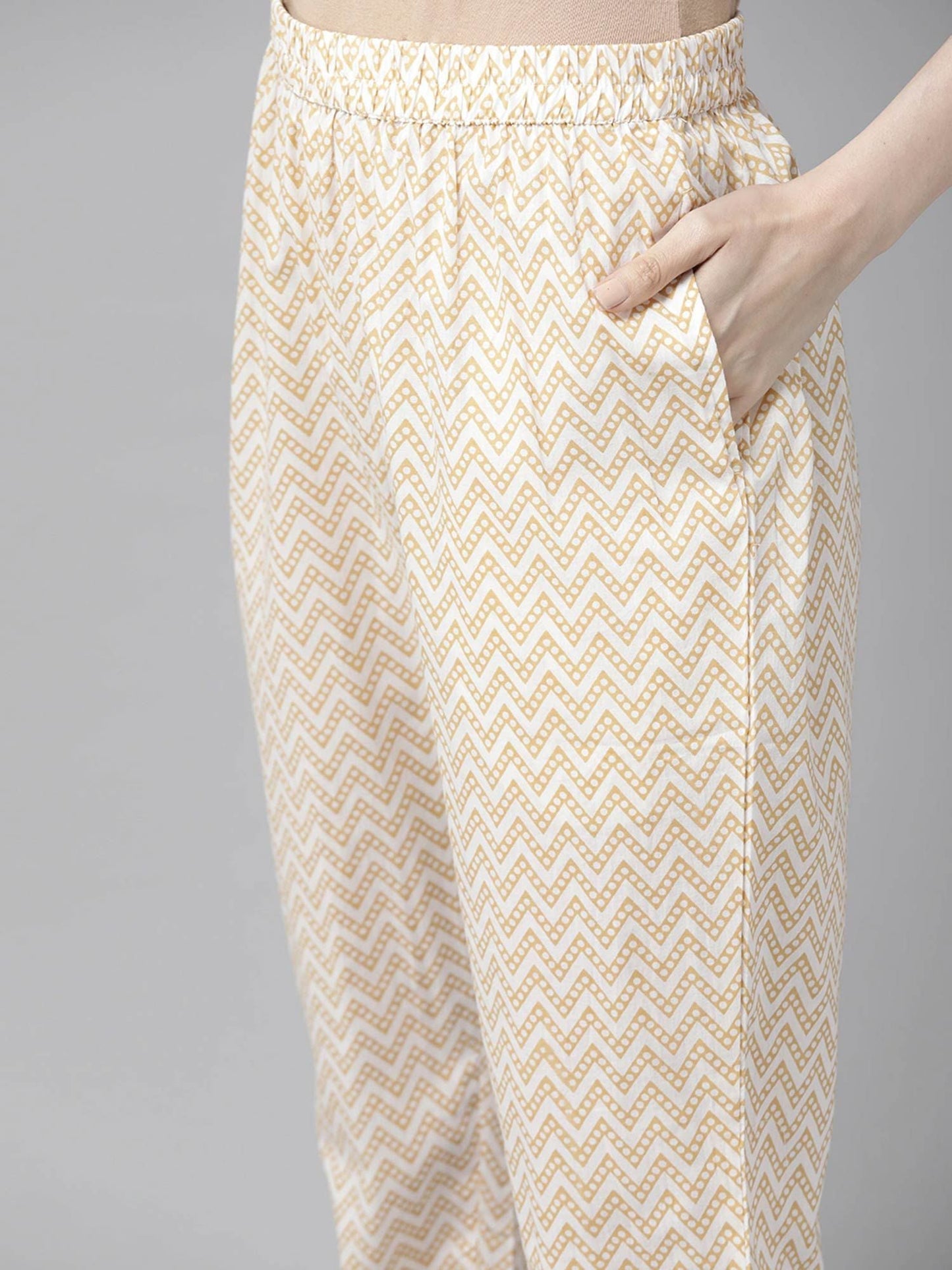 ISHIN Women's Yellow & Off White Embroidered A-Line Kurta, Trouser & Dupatta (Set of 3)