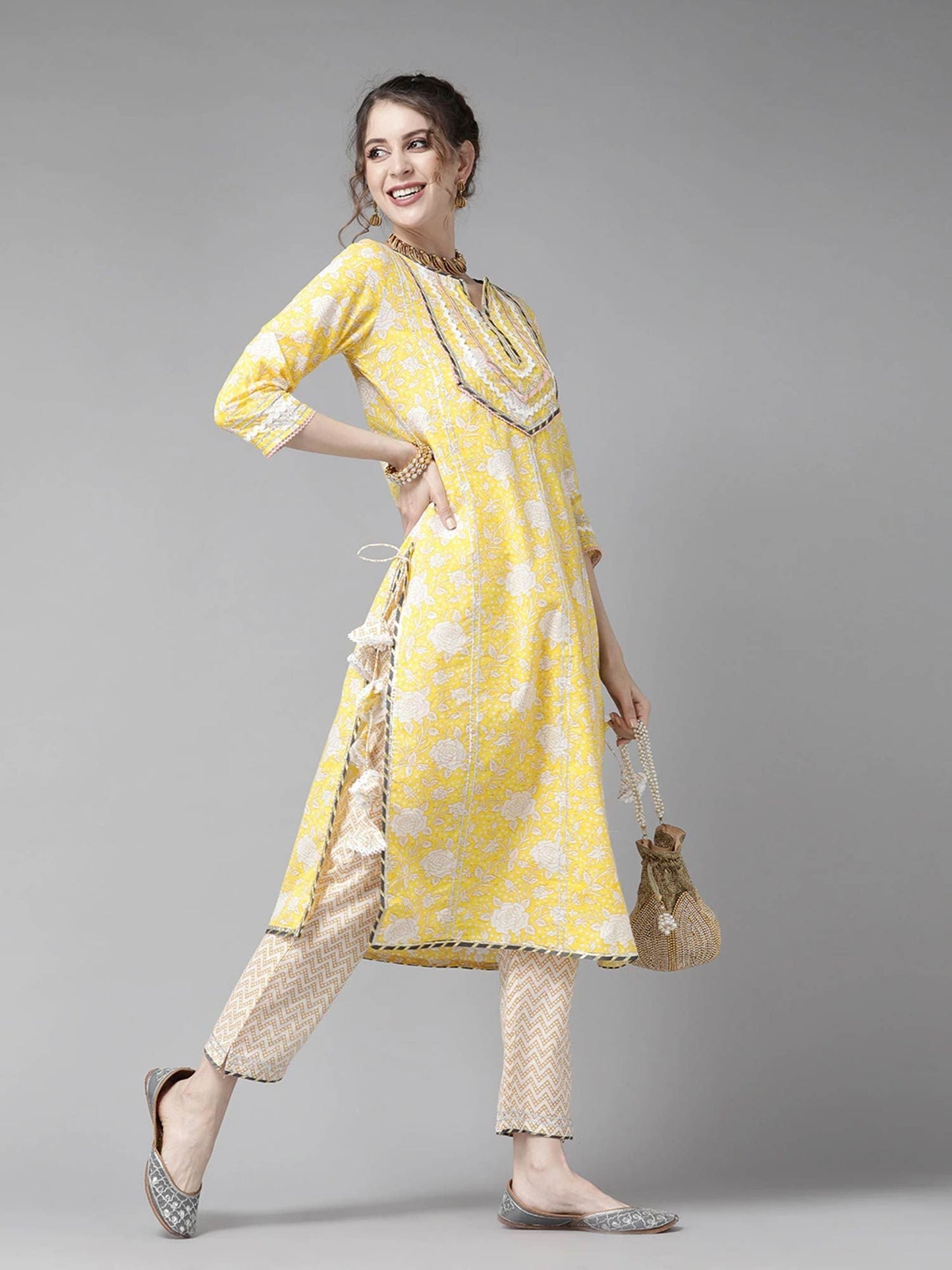 ISHIN Women's Yellow & Off White Embroidered A-Line Kurta, Trouser & Dupatta (Set of 3)