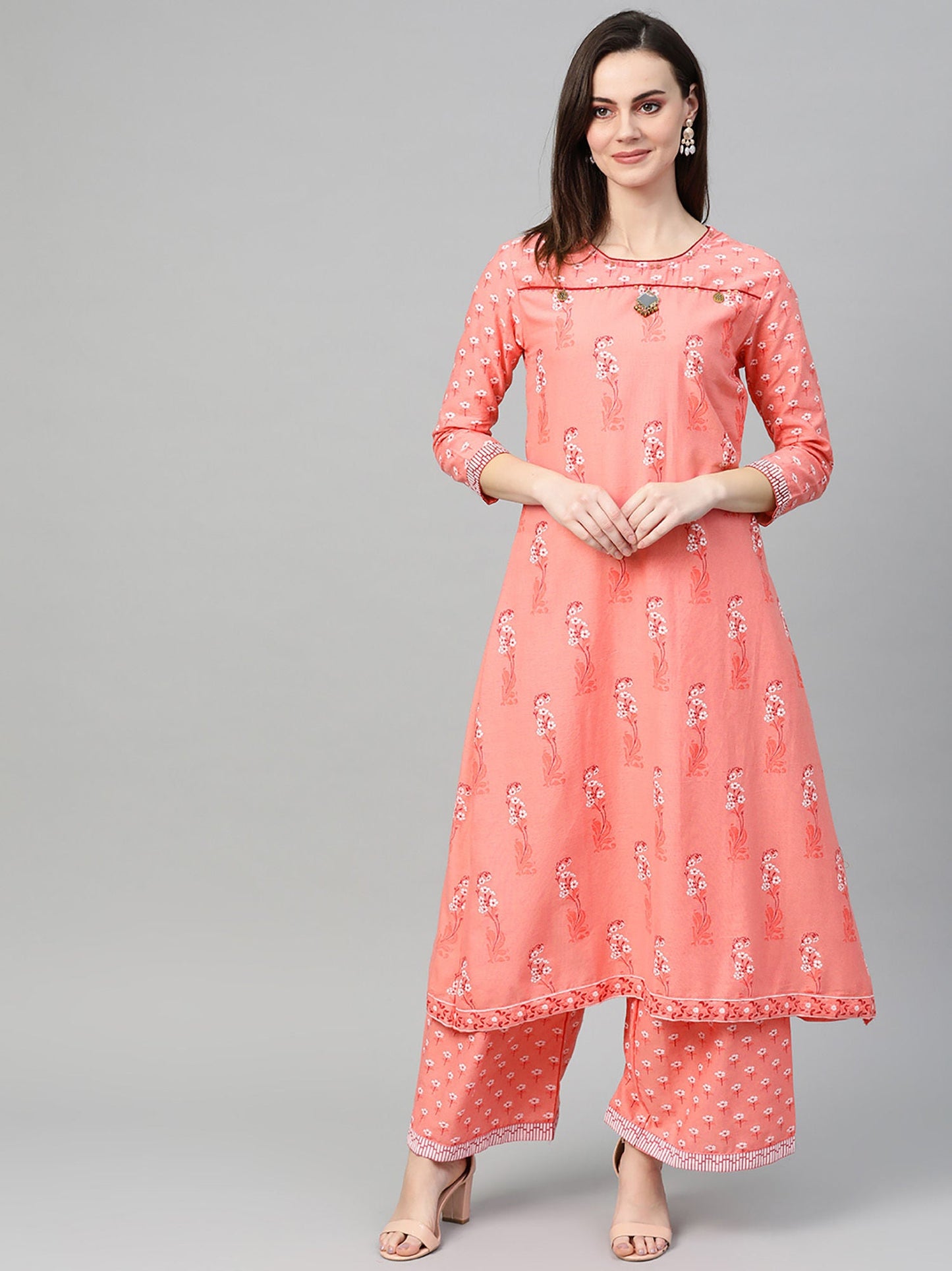 ISHIN Cotton Peach Printed Kurta Palazzo Set (Set of 2)