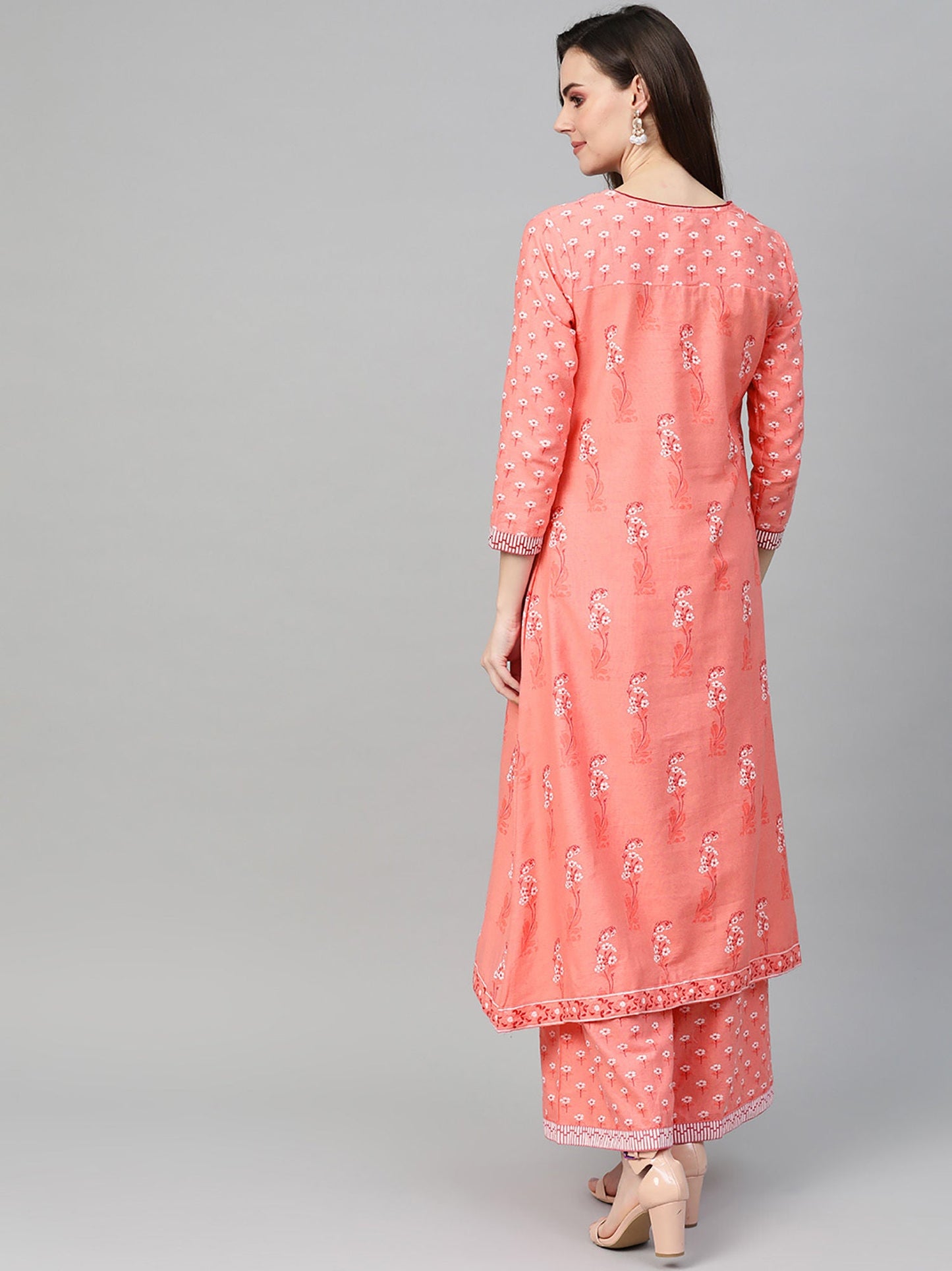 ISHIN Cotton Peach Printed Kurta Palazzo Set (Set of 2)