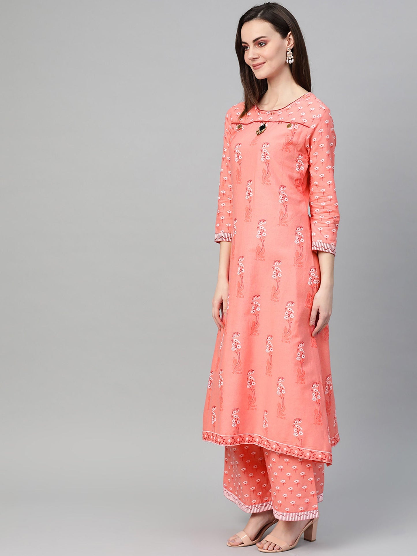 ISHIN Cotton Peach Printed Kurta Palazzo Set (Set of 2)