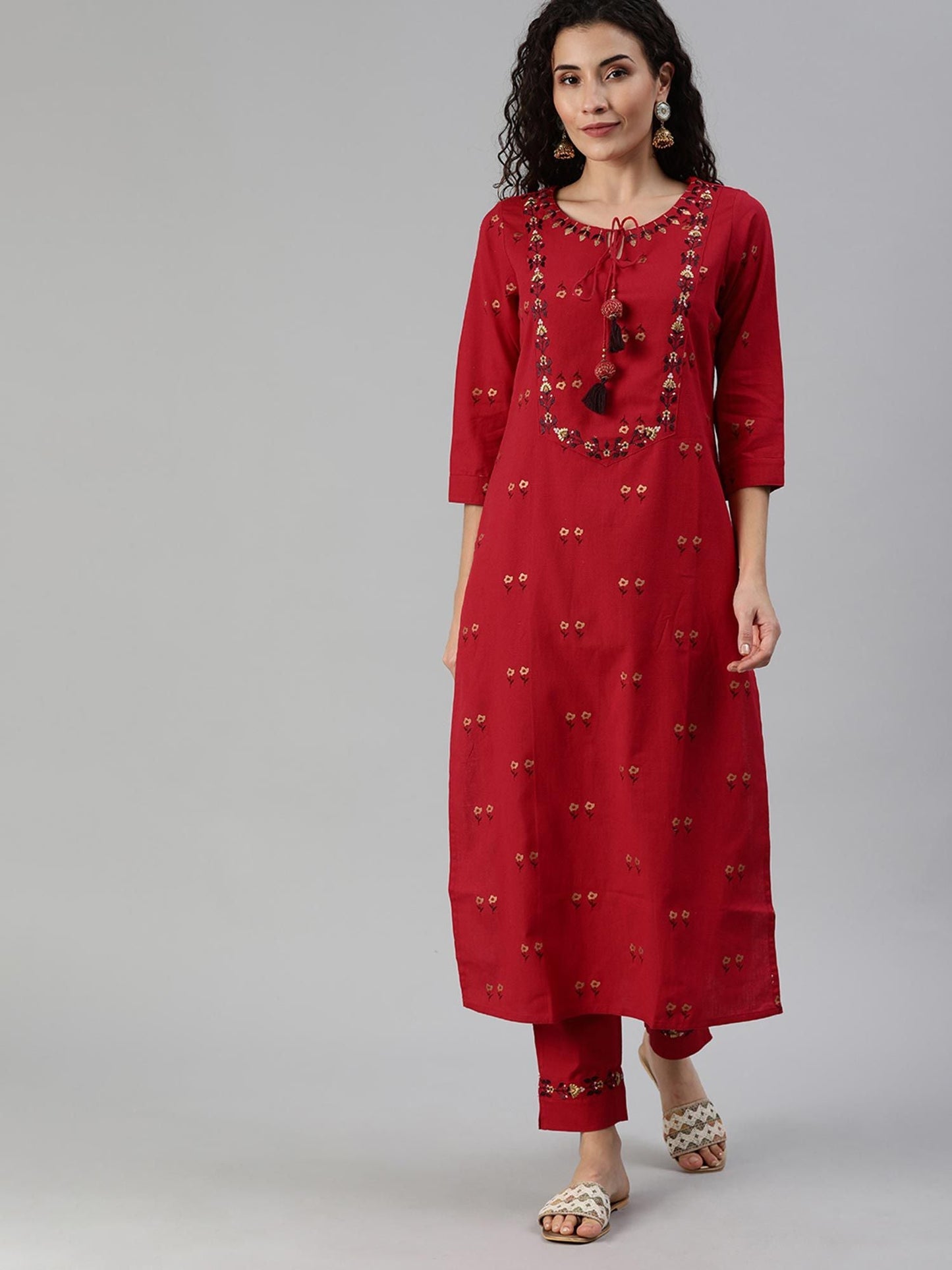 ISHIN Red Yoke Design A-Line Embroidered Kurta With Trouser (Set of 2)