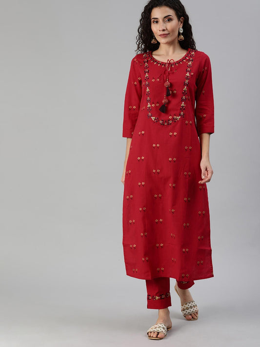 ISHIN Red Yoke Design A-Line Embroidered Kurta With Trouser (Set of 2)