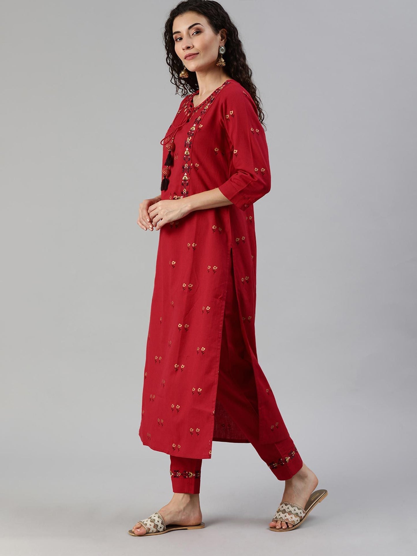 ISHIN Red Yoke Design A-Line Embroidered Kurta With Trouser (Set of 2)