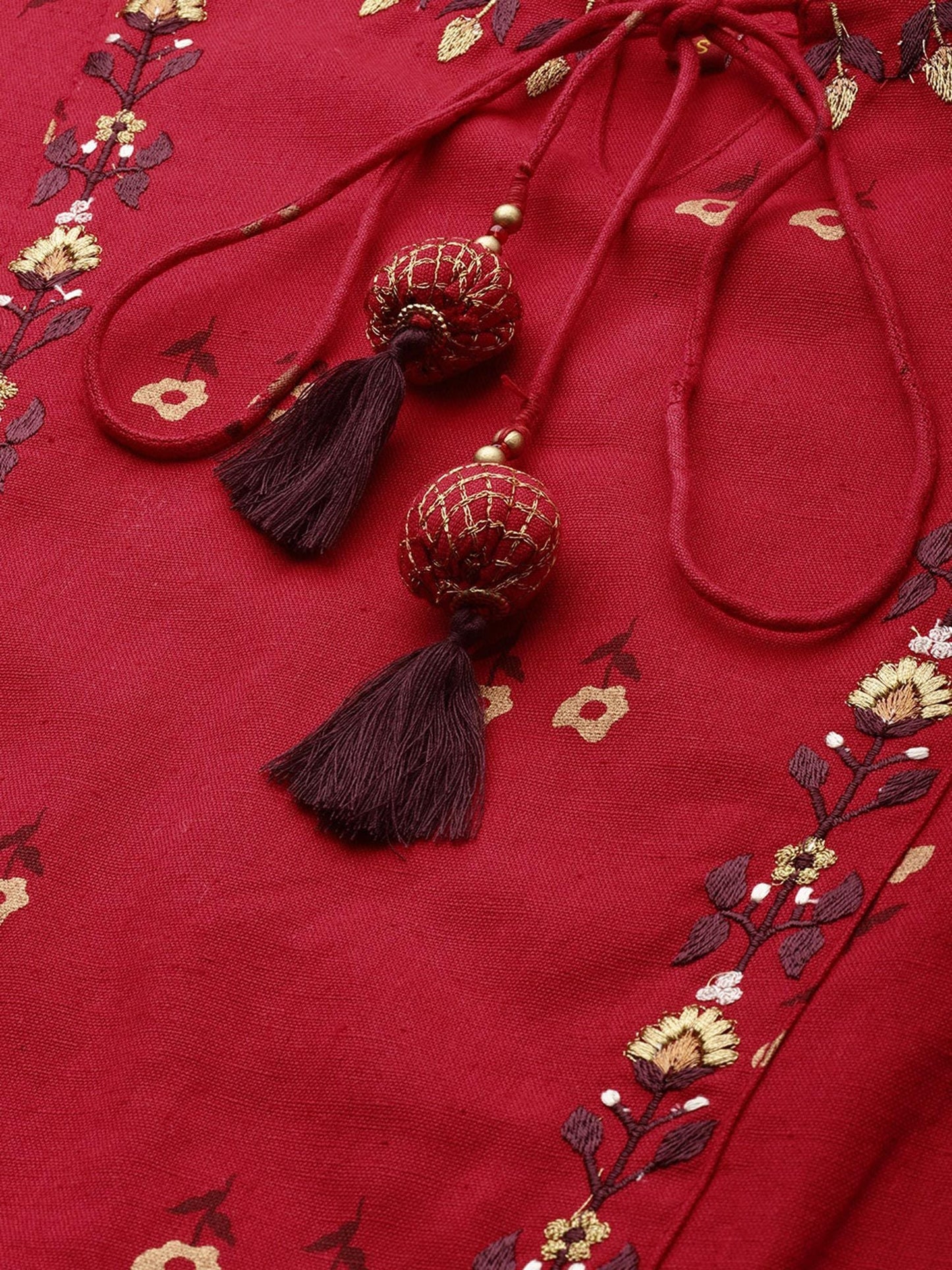 ISHIN Red Yoke Design A-Line Embroidered Kurta With Trouser (Set of 2)